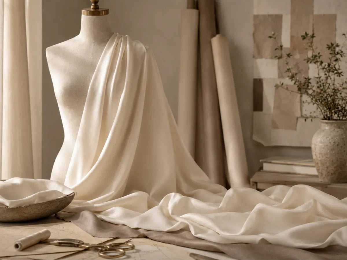 Ivory silk draped on a dress form in a refined textile studio