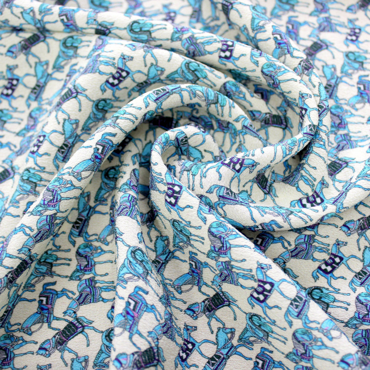 Blue horse print silk crepe de chine fabric, 22 momme mulberry silk, draped