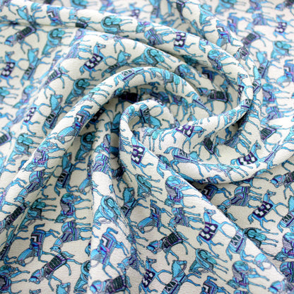 Blue horse print silk crepe de chine fabric, 22 momme mulberry silk, draped