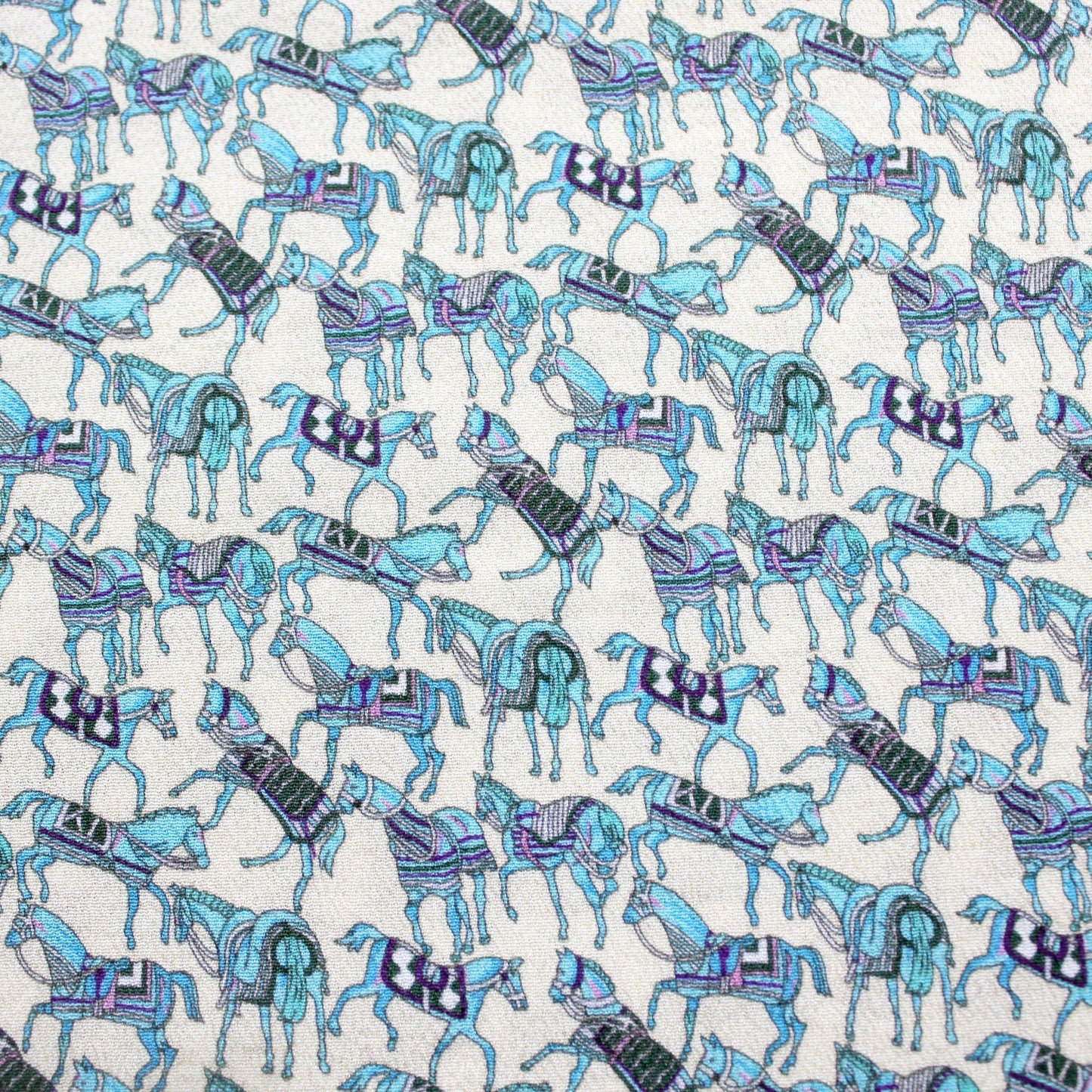 Full horse print pattern on 100% mulberry silk crepe, blue and purple on ivory