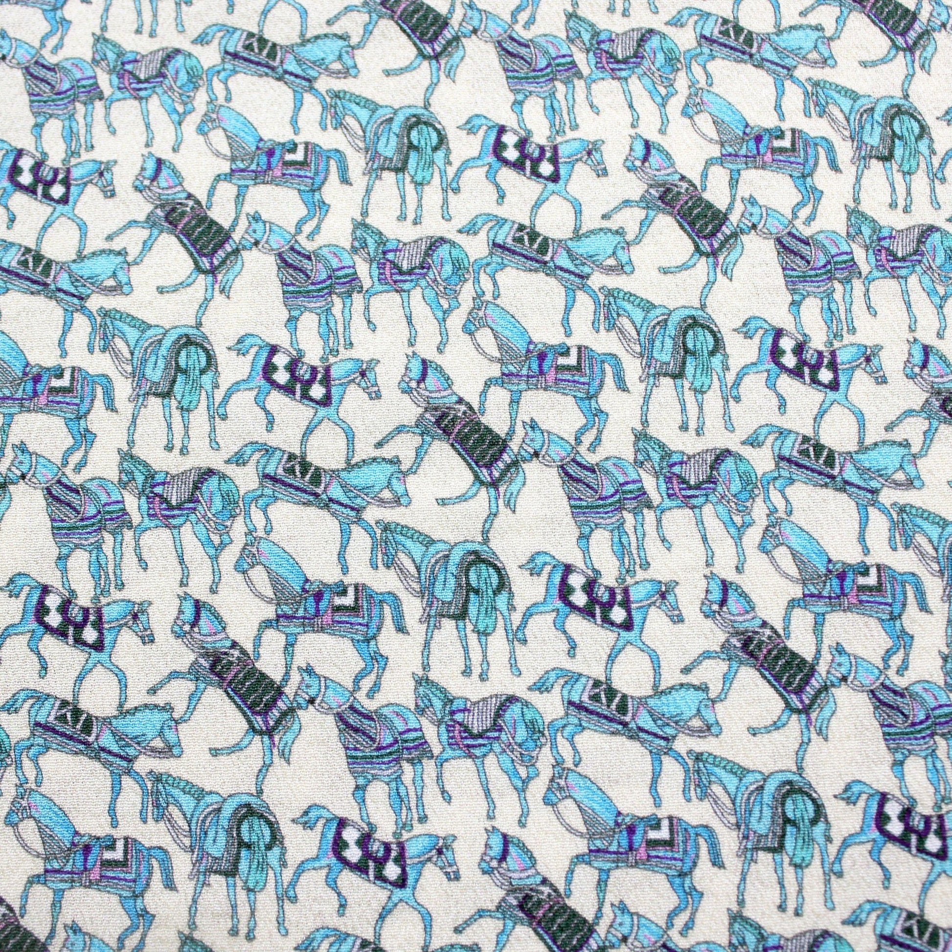 Full horse print pattern on 100% mulberry silk crepe, blue and purple on ivory