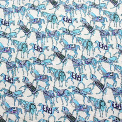 Full horse print pattern on 100% mulberry silk crepe, blue and purple on ivory