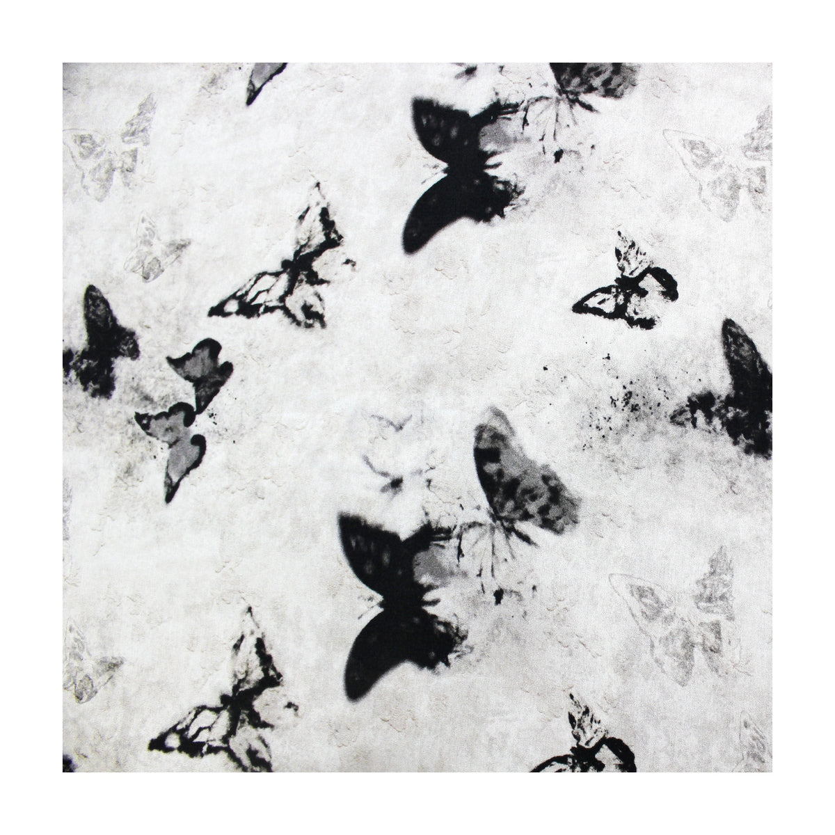 19 momme silk rayon blend fabric flat lay with monochrome butterfly print on white background