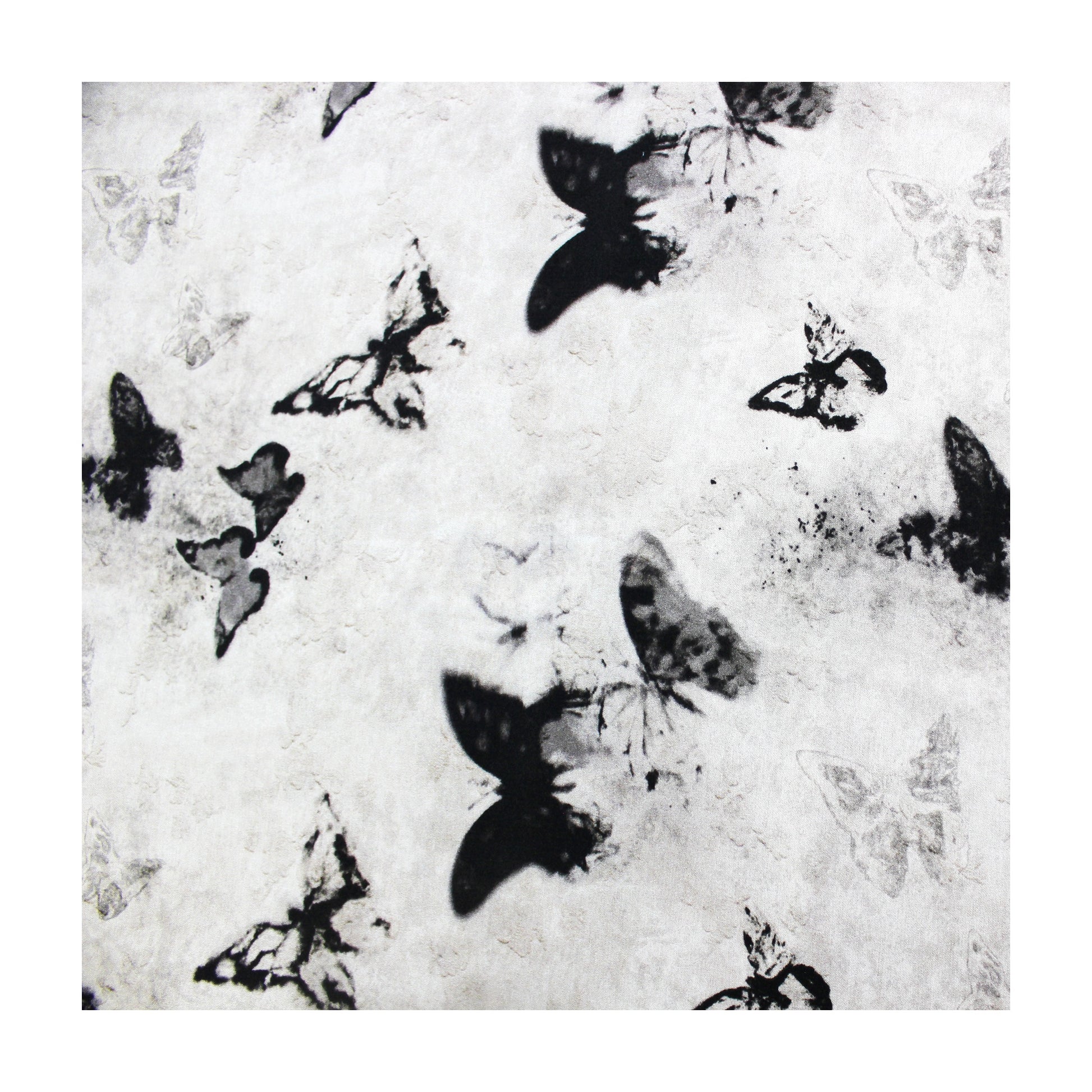 19 momme silk rayon blend fabric flat lay with monochrome butterfly print on white background
