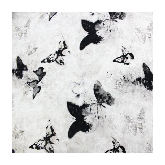 19 momme silk rayon blend fabric flat lay with monochrome butterfly print on white background