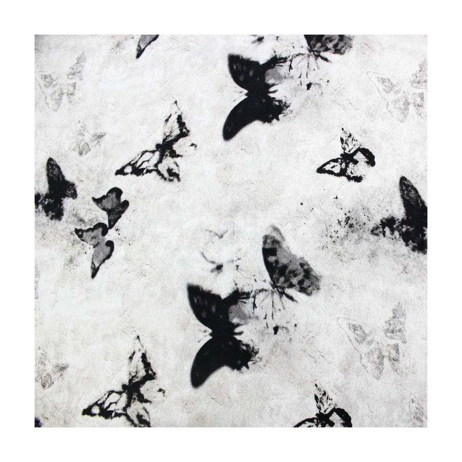 19 momme silk rayon blend fabric flat lay with monochrome butterfly print on white background