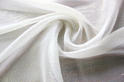 MingSilk 5.5 momme silk Yoryu fabric with fine gold-tone metallic stripes, sheer crinkle texture and fluid folds.