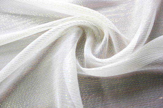 MingSilk 5.5 momme silk Yoryu fabric with fine gold-tone metallic stripes, sheer crinkle texture and fluid folds.