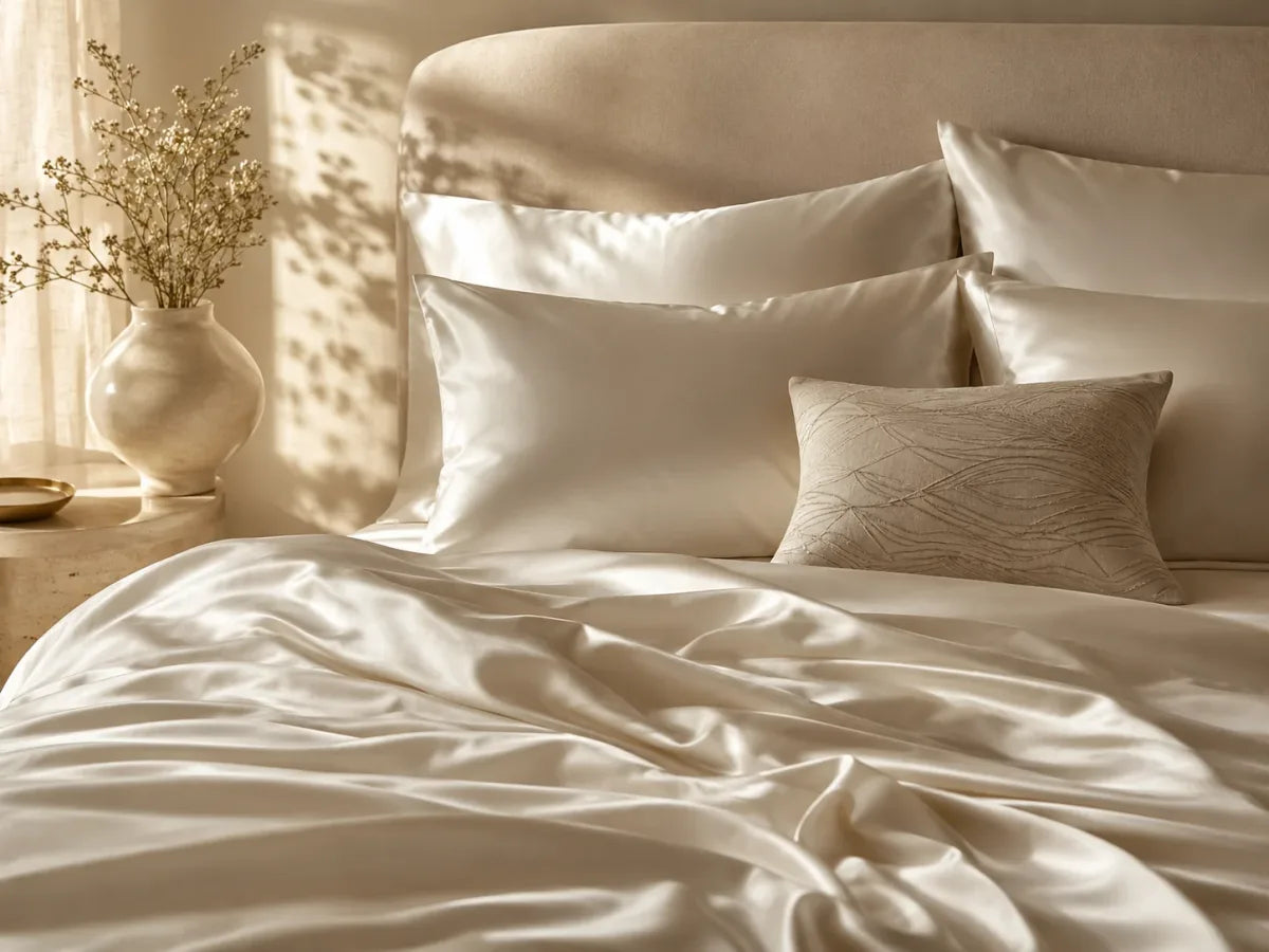 Ivory silk bedding styled in soft natural light